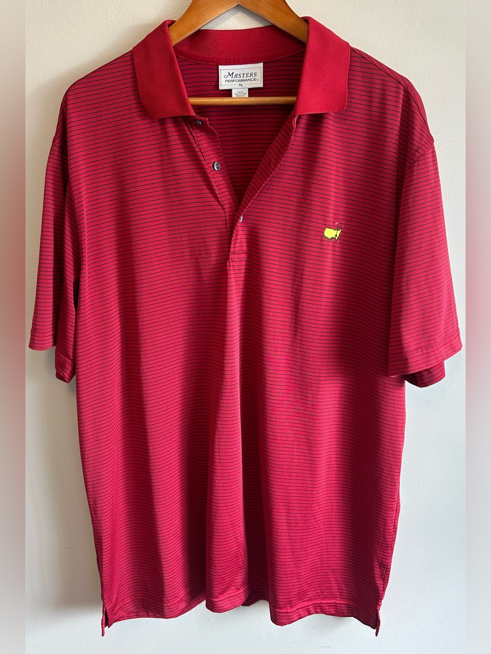 Masters Performance Golf Polo Shirt Men's XL Red Blue Striped Logo Like New